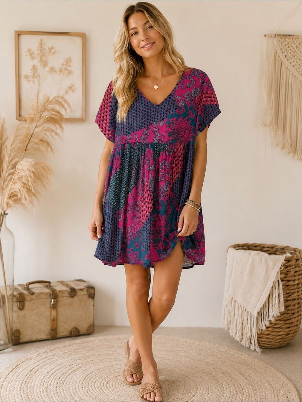 Cost Plus World Market V-Neck Mini Dress in Magenta & Teal Floral